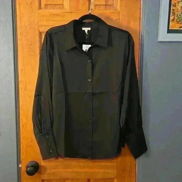 Black Satin Button Down - Picture 2 of 5